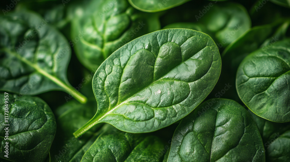 Poster single spinach leaf in macro, showing delicate veins and textures in bright natural light,