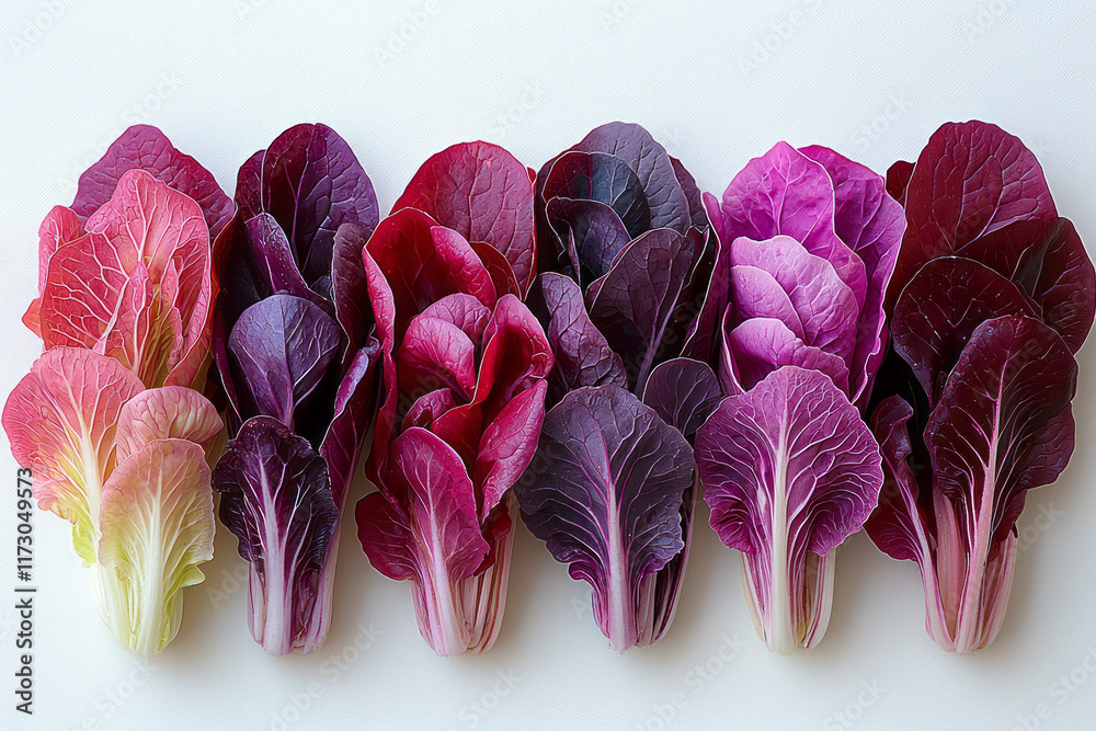 Poster a row of radicchio leaves forming a gradient of purples and reds against a light backdrop,