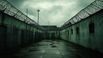 Obraz premium Barbed Wire and Concrete, A Grim View of Confinement Under a Heavy Sky, Depicting the stark reality of institutional imprisonment,