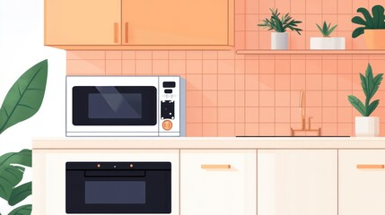 Fototapeta premium A modern kitchen scene featuring a microwave, oven, and various indoor plants.