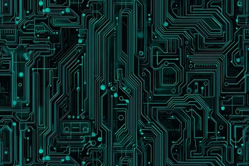 Abstract close-up of a glowing blue digital circuit board, showcasing intricate connections and technological design on a black background.
