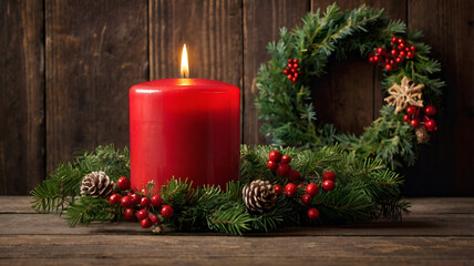 A glowing candle flickers warmly in a festive New Year's scene, surrounded by sparkling decorations and holiday cheer