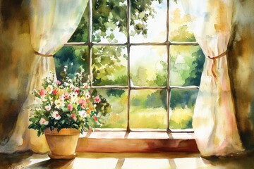 Watercolor painting of flowers in a pot by a window