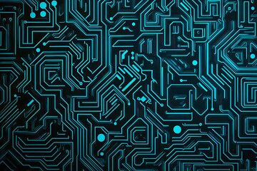 Abstract close-up of a glowing blue digital circuit board, showcasing intricate connections and technological design on a black background.
