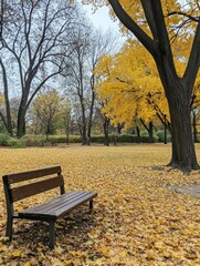 A Quiet Moment,  A Park Bench Sits Amidst a Sea of Golden Fallen Leaves Beneath a Canopy of Autumnal Trees, inviting contemplation and rest in a beautiful setting