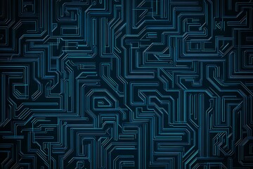 Abstract close-up of a glowing blue digital circuit board, showcasing intricate connections and technological design on a black background.
