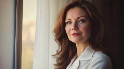 A professional woman with a focused look, standing near a window with soft natural lighting streaming in, reflecting determination