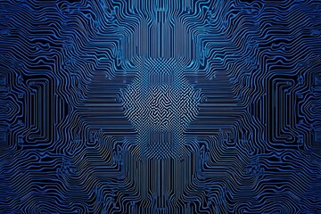 Abstract close-up of a glowing blue digital circuit board, showcasing intricate connections and technological design on a black background.

