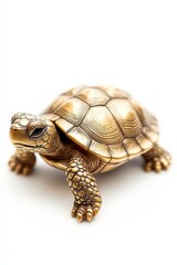 Obraz premium Small golden turtle figurine symbolizing perseverance, isolated on white