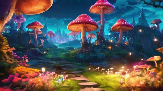 A whimsical park with sparkling lights, oversized mushrooms, glowing flowers, distant town peeking enchanted forest, 2D flat cartoon anime-style, 4k High-Quality background animation video
