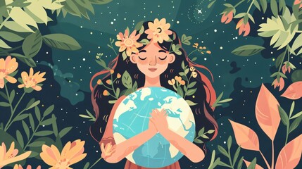 Young Girl Embracing Planet Earth on World Biodiversity Day Concept