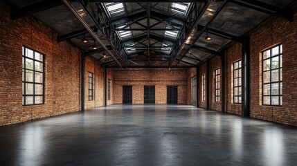 Industrial loft style empty old warehouse interior,brick wall,concrete floor and black steel roof structure