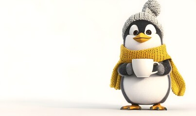 Obraz premium Cute cartoon penguin wearing a hat and scarf, holding a warm drink.