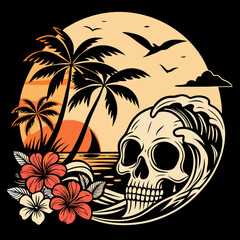 A bold T-shirt design featuring a stylized skull merged with a tropical beach scene, palm trees, waves, vibrant flowers, and a vivid sunset.