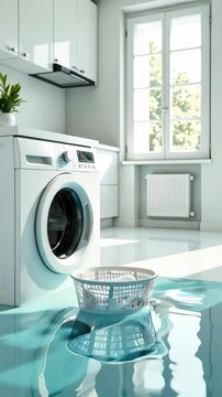 Leaky washing machine flooded the floor with water. Broken washing machine, leak causing damage, flooding problem