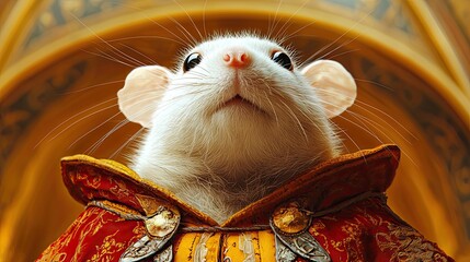Fototapeta premium White rat wearing aristocratic clothes looking up in a palace