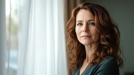 A professional woman with a focused look, standing near a window with soft natural lighting streaming in, reflecting determination