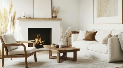 Cozy Living Room with Fireplace and Natural Decor