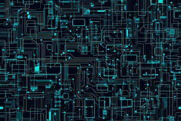 Abstract close-up of a glowing blue digital circuit board, showcasing intricate connections and technological design on a black background.
