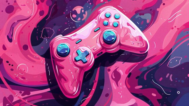 Retro Games Banner with Pink Controller or Joystick on Glitter Background