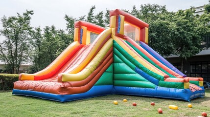 Inflatable bounce house water slide in the backyard, Colorful bouncy castle slide for children playground
