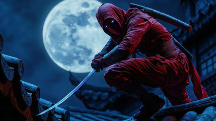 Red Ninja in Dynamic Pose on Rooftop Against Full Moon Background at Night
