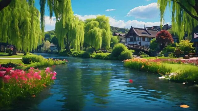 A peaceful park by a gently flowing river, willow trees hanging water, flowers and a small village across the river, 2D flat cartoon anime-style, 4k High-Quality background animation video