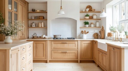 A modern kitchen with wooden cabinetry, open shelves, and a cozy, inviting atmosphere.