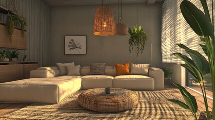 Cozy modern living room with a sectional sofa, statement lighting, and stylish decor, including a textured rug and indoor plants.