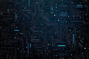 Abstract close-up of a glowing blue digital circuit board, showcasing intricate connections and technological design on a black background.
