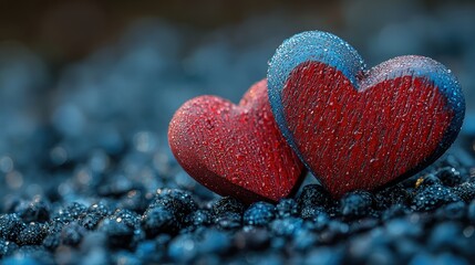 Fototapeta premium Two heart decorations with droplets on a surface.