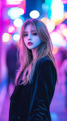 Fototapeta premium woman in velvet blazer stands in vibrant city nightlife, surrounded by colorful neon lights, creating dreamy and captivating atmosphere.