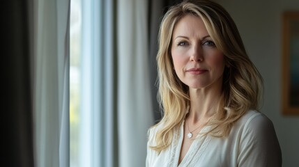 Fototapeta premium A professional woman with a focused look, standing near a window with soft natural lighting streaming in, reflecting determination