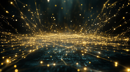 Naklejka premium glowing network of golden threads connecting across digital surface, symbolizing connectivity and data exchange.