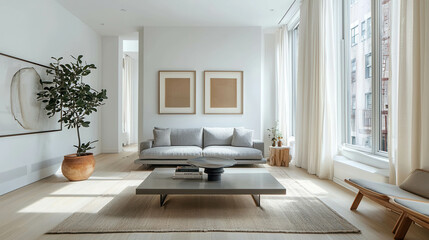 Fototapeta premium Modern and Simple Living Room Design with Gray Sofa and Natural Light