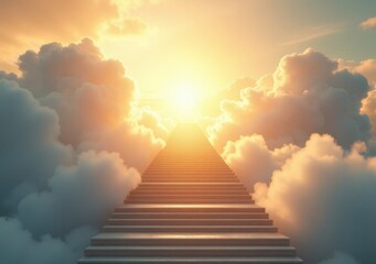 Majestic staircase leading into a bright sky filled with clouds at sunset