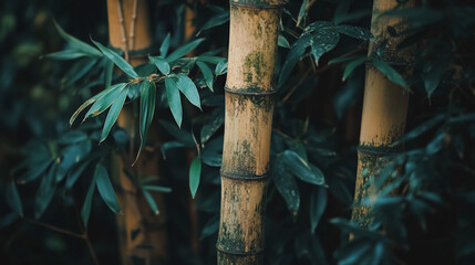 Close-up of bamboo stalks and leaves in a lush forest.