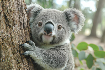 Obraz premium Eye-level shot of a koala clinging to a eucalyptus trunk, looking directly at the camera with mild curiosity,