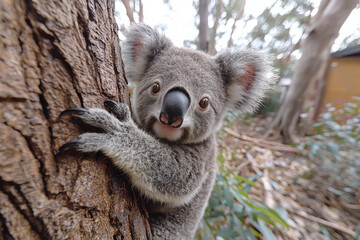 Obraz premium Eye-level shot of a koala clinging to a eucalyptus trunk, looking directly at the camera with mild curiosity,