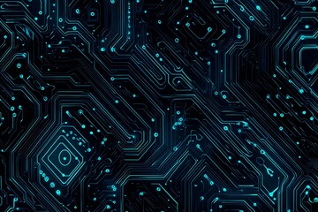 Abstract close-up of a glowing blue digital circuit board, showcasing intricate connections and technological design on a black background.

