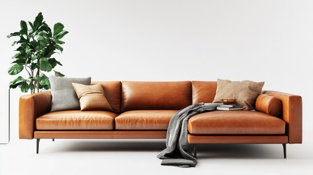 Interior living room wall mockup with leather sofa and decor on white background.