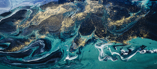 Art wall painting blue and green neutral toned and golden splashes. © Anntuan