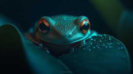 Close-up of a vibrant green frog with orange eyes nestled in dewy leaves at night.