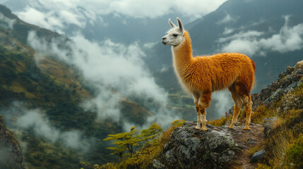 Fototapeta premium Llama trekking along a high mountain path, pausing to cast its gaze over a misty valley below,