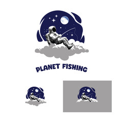 Planet Fishing logo template with a astronaut sit in the cloud hold a fishing rod and a galactic background.
