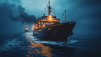 Fototapeta premium Ships navigating through misty waters at night.