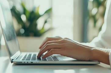Close-up photo of a doctor typing on a laptop, with a white medical office background and copy space