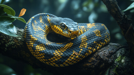 Obraz premium Sinuous snake coiled around a tree branch, head raised to follow the path of a drifting leaf,