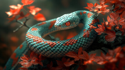 Fototapeta premium Sinuous snake coiled around a tree branch, head raised to follow the path of a drifting leaf,