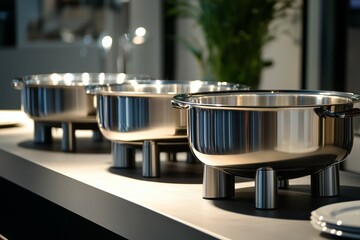 Obraz premium A row of stainless steel chafing dishes with metal feet on the counter, ready for use in an elegant restaurant or hotel ballroom setting.
